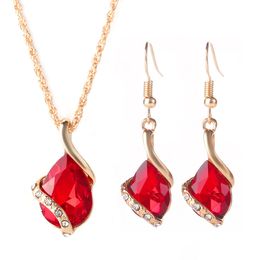New Popular 18K Gold Tear Drop Shape Gemstone Pendant Dubai Necklace Earrings Jewellery Sets