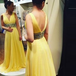 Yellow A Line Prom Dresses Deep V Nek Pleated Bodice Crystals Beads Sweep Train 2022 Party Evening Gowns