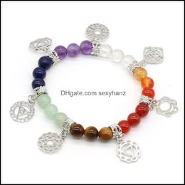 Bracelets Jewellery Bangle 18Cm Natural Stone Seven Chakras Bracelet Charms Amethysts Rose Quartzs Beads For Women Jewerly Gift Size 8Mm Drop