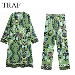 TRAF ZA Women Suit Summer Fashion Vintage Long Sleeve Loose Coat Trouser s Chic Elastic High Waist Pants Two Piece Set 210930