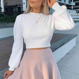 High waist Lantern Sleeve women's sweater Autumn winter white casual Pullover street style knitted 210922