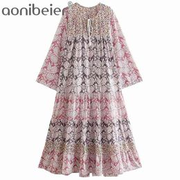 Floral Print Casual Beach Long Midi Dress Summer Fashion Tie V Neck Wrist Sleeve Women Loose Tiered Female 210604