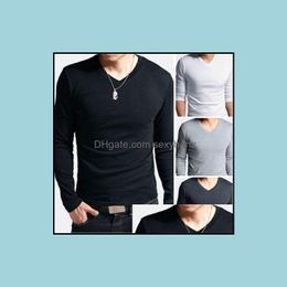 T-Shirts Tees & S Mens Clothing Apparel Men Basic With Cotton V-Neck Long Sleeved Slim Fit Casual T-Shirt Tops Tee Black White Bray Brown Ar