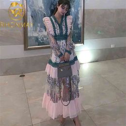 Summer French V-Neck Palace Style Dress Female Embroidery Stitching Retro Long Bohemia Fashion Hollow Out Mesh Vestidos 210506