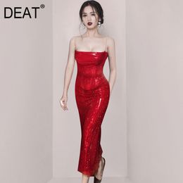 DEAT Women Red Sling Folds High Waist A-line Office Lady Dress New Strapless Sleeveless Slim Fit Fashion Tide Summer 7E0451 210428