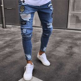 Men's Jeans Casual Slim Fit Elastic Motorcycle y2k Broken Pencil Pants Four Seasons Blue New Men Y2303