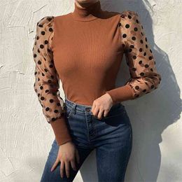 Brown Ribbed Knit Y2k Vintage Polka Dot Mesh Long Sleeve Patched Femme Fashion Women's T-Shirts Harajuku Turtleneck Top Tee 210510