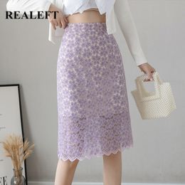 Spring Summer Women's Lace Crochet Sheath Midi Skirts Korean OL Style High Waist Pencil Wrap Sexy Female 210428
