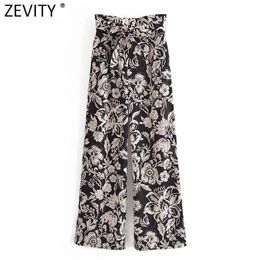 Women Vintage Totem Flower Printing High Waist Bow Tied Paper Pants Retro Female Zipper Fly Chic Long Trousers P1032 210416