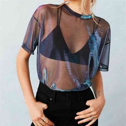 Summer Sexy Mesh Tee See-Through Women T-shirts Short Sleeve Perspective Shine Casual Tops Lady Vintage Blusa 210607
