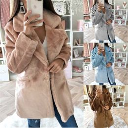 Winter Faux Fur Coat Women Elegant Solid Turn Down Collar Plush Jacket Button Pocket Loose Warm Fake Lady Casual 210526