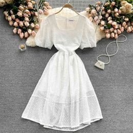 Sweet Spring Summer Women's Fashion Square Neck Hollow Waist Slim Short Sleeve White A-line Elegant Dress Vestidos S245 210527