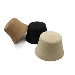 Flat-top Fisherman Hat Foldable Basin Retro Bucket Straw Summer Beach Small Edge Sunscreen Wide Brim Hats
