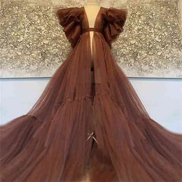 Sexy Bridal Maternity Robes Ruffled Short Sleeve Floor Length Long Tulle Sheer Party Dress For Po Shoot Custom Made 210719