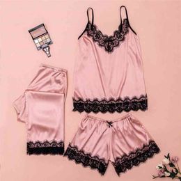 Sexy Women Pyjamas 3 Pieces Sets Satin Sleepwear Pijama Silk Home Wear Embroidery Sleep Lounge Pyjama with Chest Pads 210330