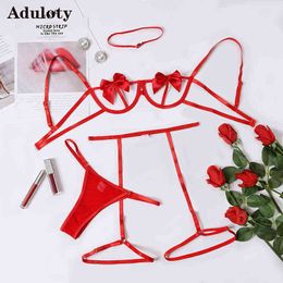 NXY sexy set Aduloty Sexy Neck Ring Bow Hot Girl Hollowed Out Transparent Perspective Garter Thong Three Piece Set Erotic Lingerie Underwear 1127