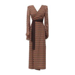 Korean Version Khaki Plaid Print V Neck Chiffon Sash Long Sleeve Split Midi Dress Summer Beach D1799 210514