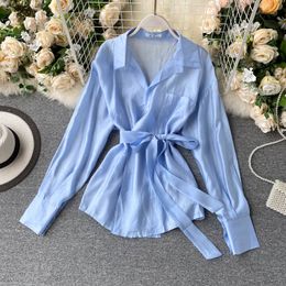 Women Autumn Solid Blouse Long Sleeve Lace up Korean Simple Elegant Office Tops Fashion Chic Streetwear Blouse 210419