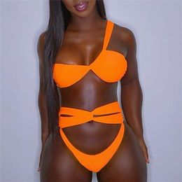 High Waist Bikini Set One Shoulder Women's Swimsuit Hollow Out Swimwear Brazilian Orange Bikinis Beach Wear Bathing Suit 210702