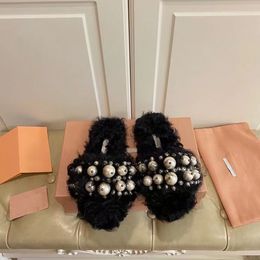 Winter lamb wool women's flat slippers, boutique upper with hand sewn black and white pearl, leather sole, standard size 35-40