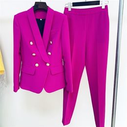 Purple Yellow Pink Pantsuits Two Piece Set Women Office Ladies Double Breasted Golden Buttons Nine Blazer Pants Formal Suits 220315
