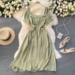 Women Fashion Retro Spring Summer Square Neck Short Sleeve Slim Pure Color A-line Dress Elegant Vestidos R934 210527