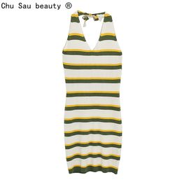 Sexy Neck-mounted Knitted Bodycon Skirt Autumn Women's Striped Backless Dress Female Fashion Vintage Chic 210508