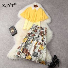 Elegant Lady Summer Suit Women Designers Embroidery Collar Cloak Chiffon Blouse and Printed Skirt 2 Piece Sets Party Outfit 210601