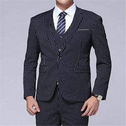 Men Navy Blue Striped Suit 3 Piece Jackets Pants Vest Black Summer Slim Fit Casual Fascination Costume Custom Made Smoking229 Men's Suits &