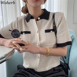 Summer Thin Short Sleeve Cardigan Women Korean Chic Knitwear Slim Contrast Colour Cardigans Casual All Match Top 210422