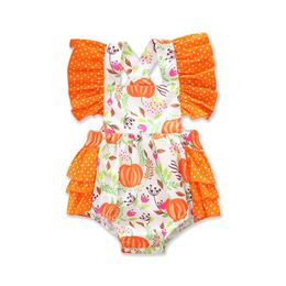 Rompers 0-18m Baby Girls Halloween Bodysuit Cute Pumpkin Print Ruffle Sleeve Backless Jumpsuits Born Girl My First Playuist