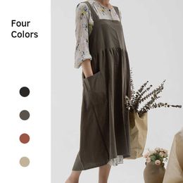 Korean Style Solid Colour Linen Apron Large Size Adjustable M-XL Buttons Shape Kitchen Cooking Clothes Gift for Women Chef 210622