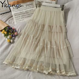 Ruffle Stitching Lace Midi Long Pleated Skirts Women'S Spring Summer Solid Colour Wild Skirt Vintage Elastic High Waist Saia 210619