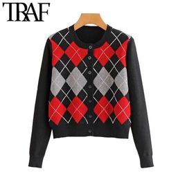 Women Fashion Geometric Pattern Cropped Knitted Cardigan Sweater Vintage O Neck Long Sleeve Female Outerwear Chic Tops 210507