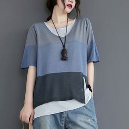Fake 2 Pieces Women Casual T-shirts New Arrival Summer Simple Style V-neck Patchwork Color Loose Female Tops Tees S3503 210412