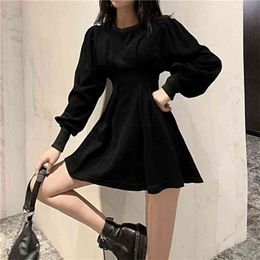 Qweek preto mini vestido primavera moda estilo coreano gótico gótico envoltório manga comprida vestido plissado casual wrap streetwear mulheres 210409