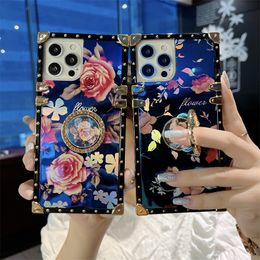 Square Blu-ray Flowers Cases For iPhone 13 12 Pro Max 11 XR XS 7 8 Plus SE2020 Samsung S21 FE Ultra A52 A51 A71 A72 A22 Bracket Laser Phone Case