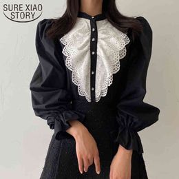 Korean Spring Hollow Patchwork Blouse Women Chic Long Puff Sleeve Lace Ladies Shirt Solid Palace Style Button Top 13272 210415