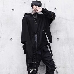 HOUZHOU Black Hoodie Goth Sweatshirt Hood Autumn Techwear Punk Gothic Darkwear Sweatshirts Streetwear Hip Hop Harhjuku 211230