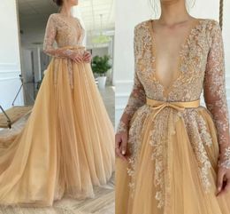 Sexy Gold Tulle Formal Prom Dresses 2021 Plus Size Lace Applique V-neck Long Sleeve Fairy Tutu Skirt Occasion Evening Dress with Belt