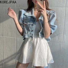 Korejpaa Women Set Summer Korean Chic Retro Lapel Loose Pocket Single-Breasted Denim Jacket High-Waist Lace-Up A-Line Skirt 210526