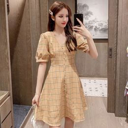 Laides Elegant V Neck Women A-Line Dress Female short Sleeve Single-breasted High Waist Party Dress Office Summer Dress 210514