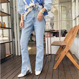 Korean version of the autumn washed side slit was thin straight pants mop jeans 210520