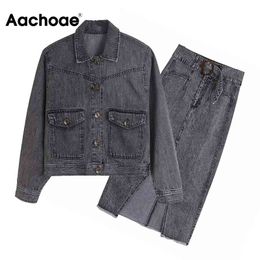 Aachoae Women Cotton Grey Denim Skirt And Jacket Set High Street Pockets Coat Set High Wasit Sashes Split Skirt Outfit 210413