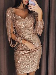 Basic Casual Dresses Sexy v Neck Women Bling Sequin Tassels Bandage Bodycon Evening Party Club Mini Dress Casual Dresses