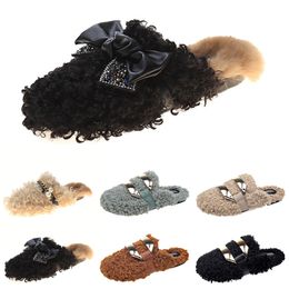 newly autumn winter womens slippers metal chain all inclusive wool slipper for women black outer wear plus big size Muller half drag slides