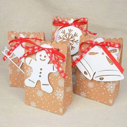 drawstring christmas wrap bags Canada - 12pcs Drawstring Bag Christmas Goods Kraft Paper Gift Wrap Bags with Snowflake Snowman Card Birthday Xmas Favors Packaging Bag 210402
