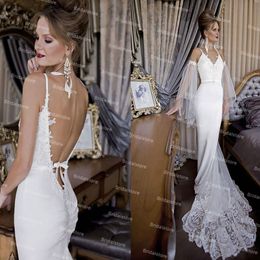 Chic Boho White Mermaid Wedding Dress With Beaded Sexy Spaghetti Straps Satin Backless Summer Beach Country Bridal Dresses Lace Train Robes De Mariage