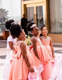 2021 African Black Girl Lace Appliqied A-line Flower Girl Dress Blush Pink Princess Ball Gown Girl Formal Wedding Dress Pageant Party Gown