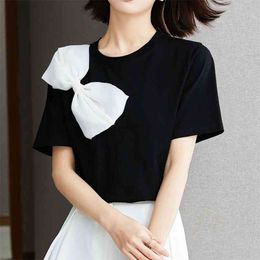 Cotton Summer Women T-Shirts Fashion Bow Black Tops Female O-Neck Short Sleeve Loose Casual Tees Shirts Plus Size 210601